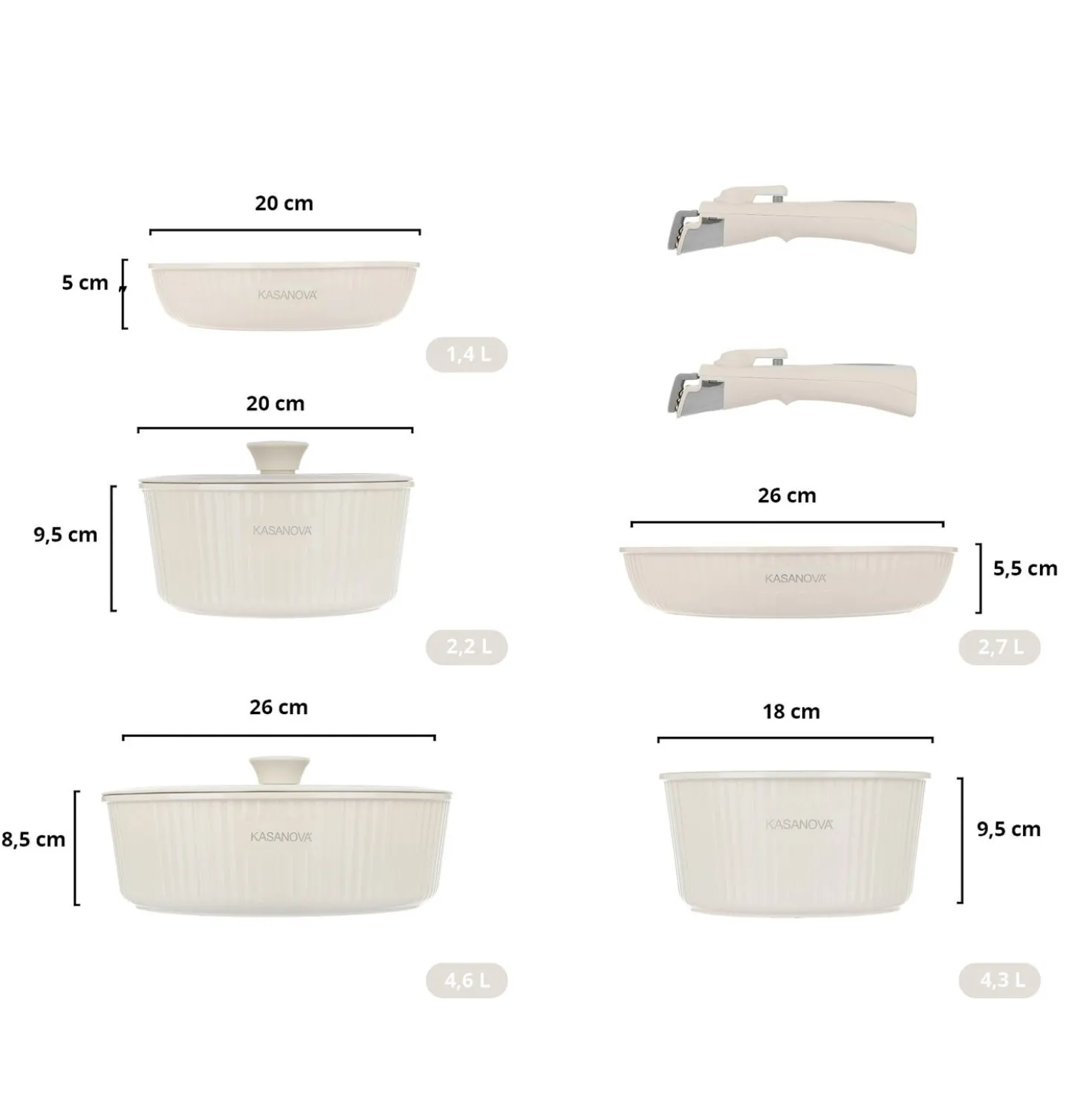 Batteria pentola 9 pezzi crema Eaziclip con manici staccabili