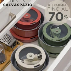 Batteria pentola 9 pezzi rosa Eaziclip con manici staccabili