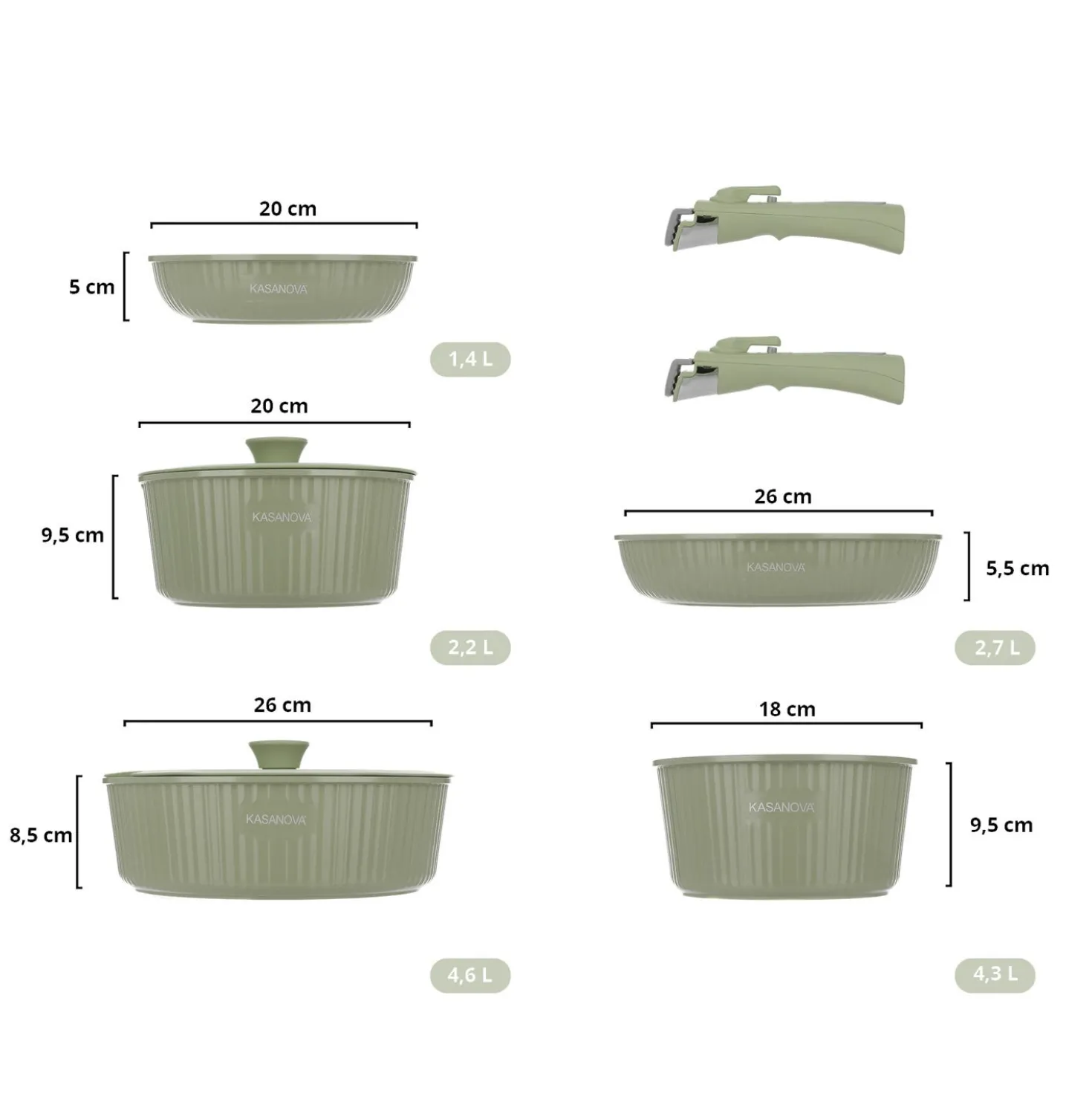 Batteria pentola 9 pezzi verde Eaziclip con manici staccabili