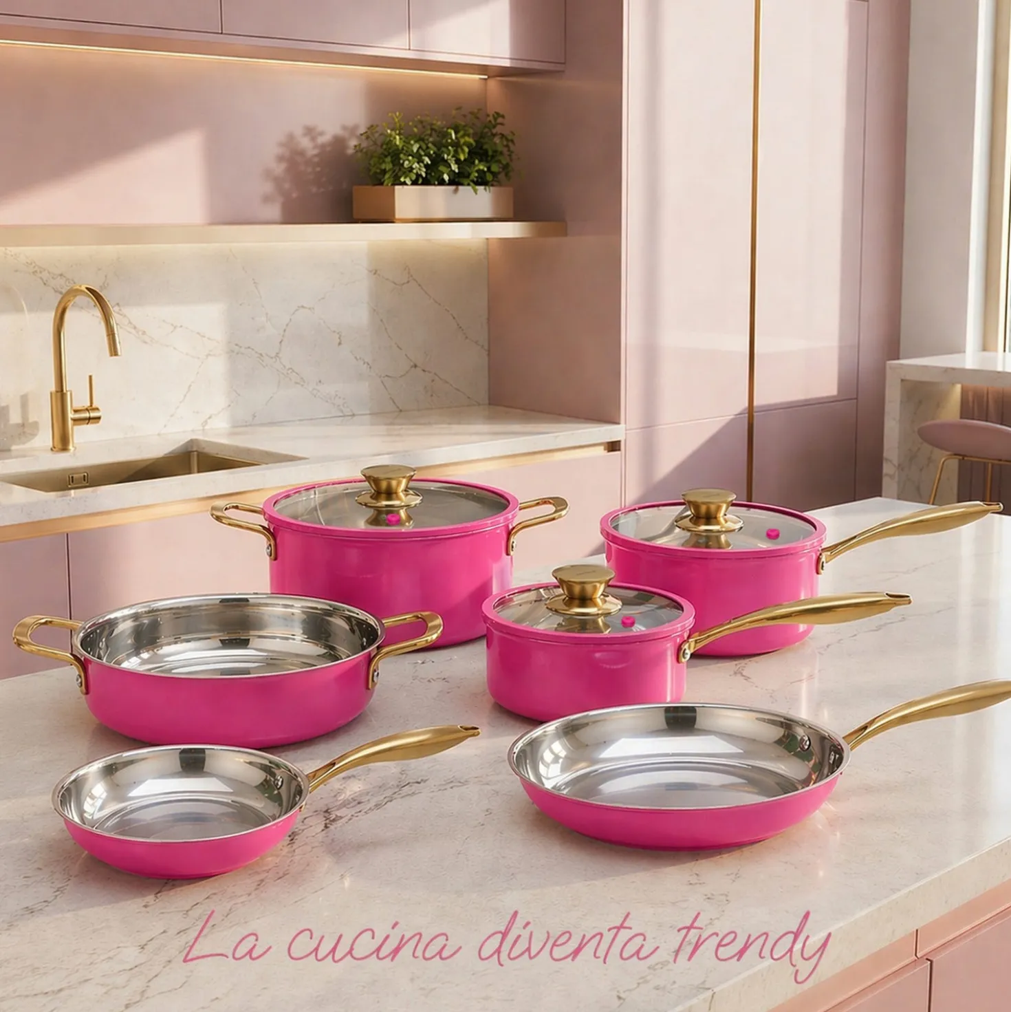 Batteria pentole acciaio 9 pezzi La Vie en Rose fucsia