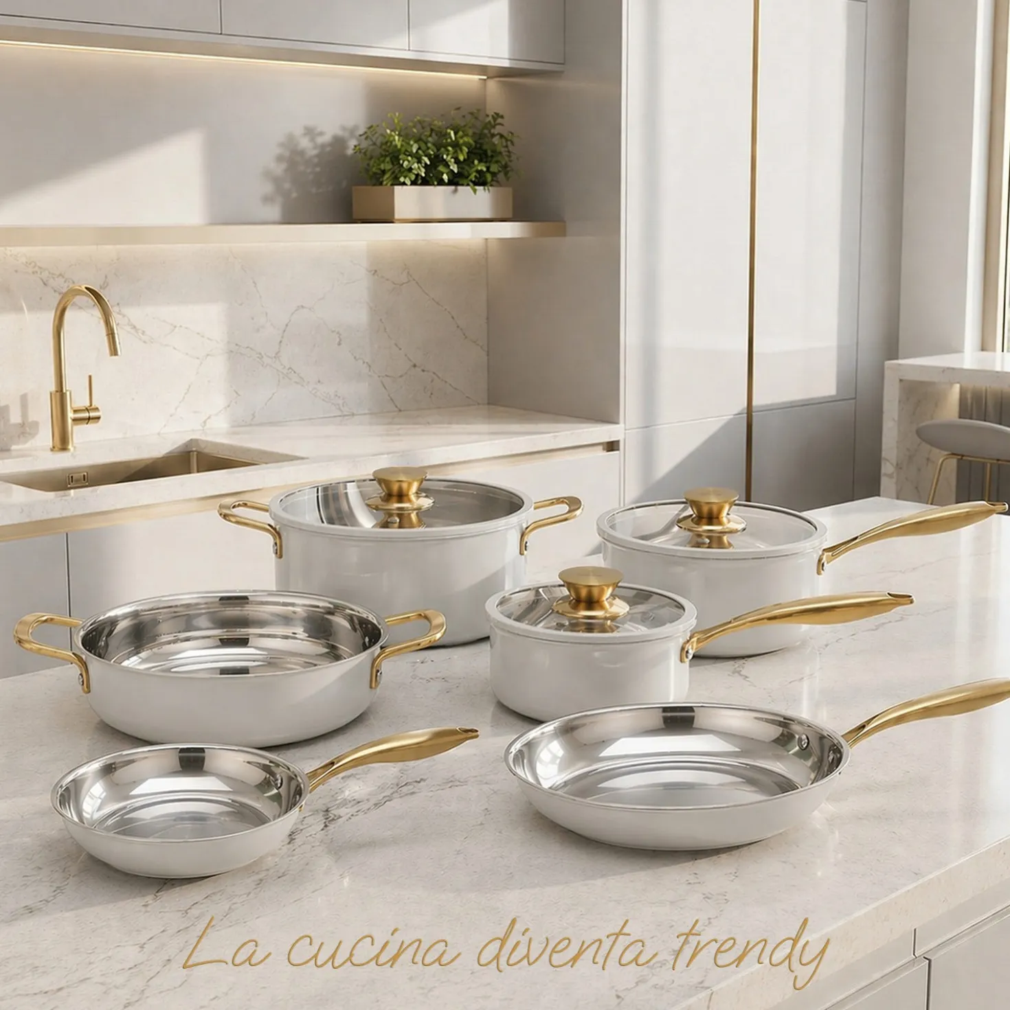 Batteria pentole acciaio 9 pezzi La Vie en Rose grigio chiaro