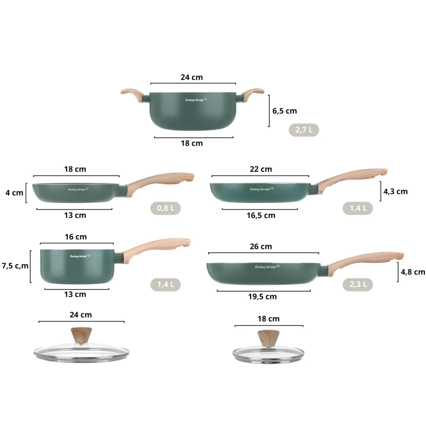 Batteria pentole 7 pezzi verde Cooking Therapy