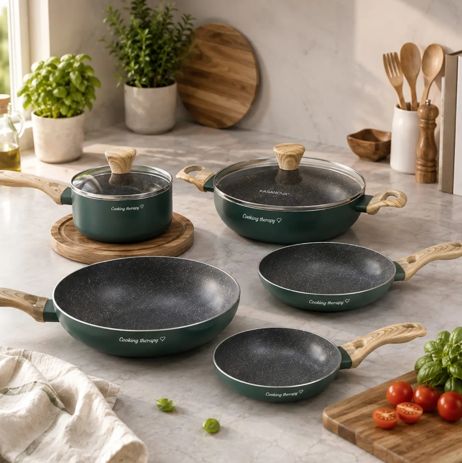 Batteria pentole 7 pezzi verde Cooking Therapy