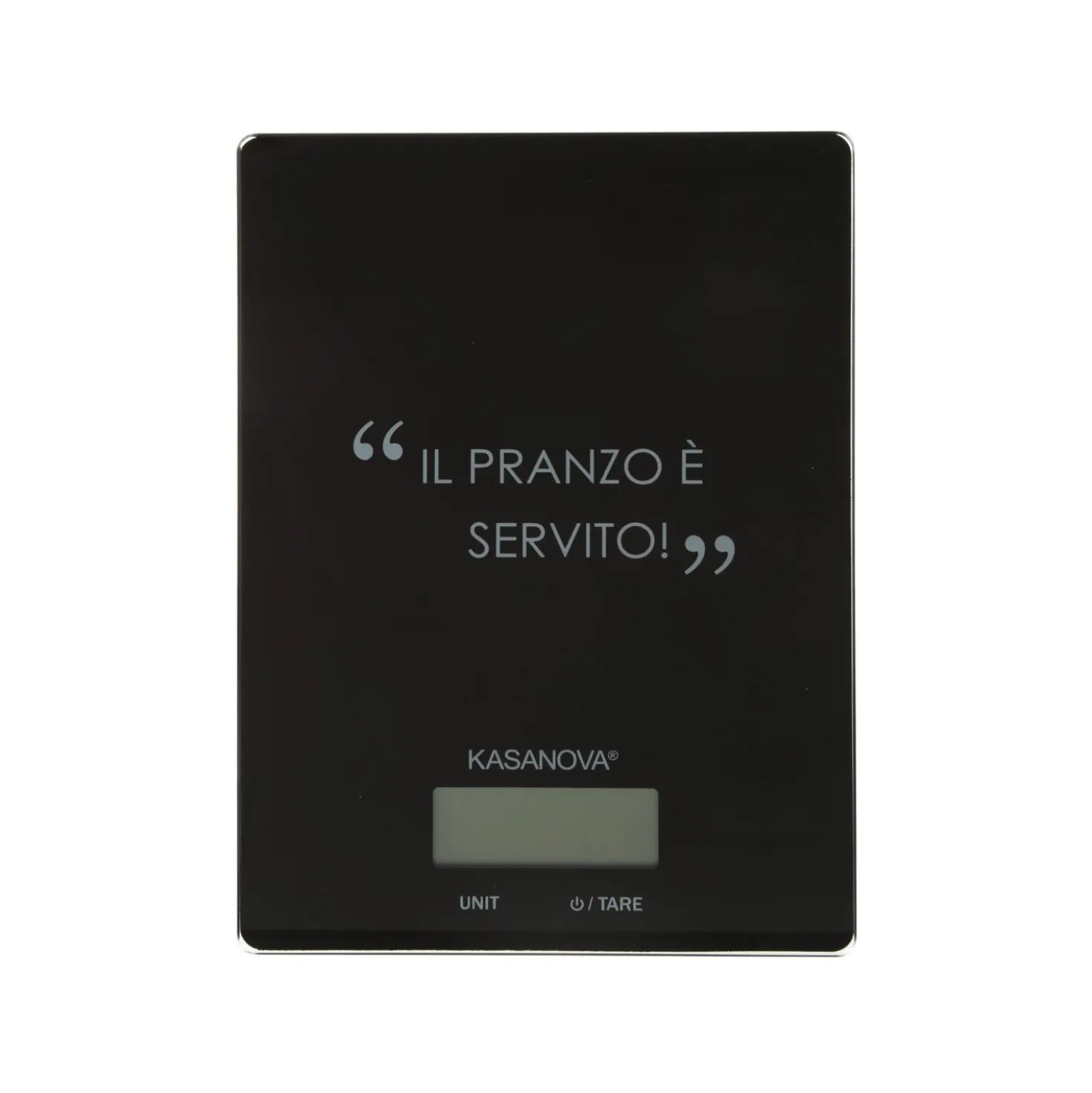 Bilancia da cucina digitale nera rettangolare con scritta