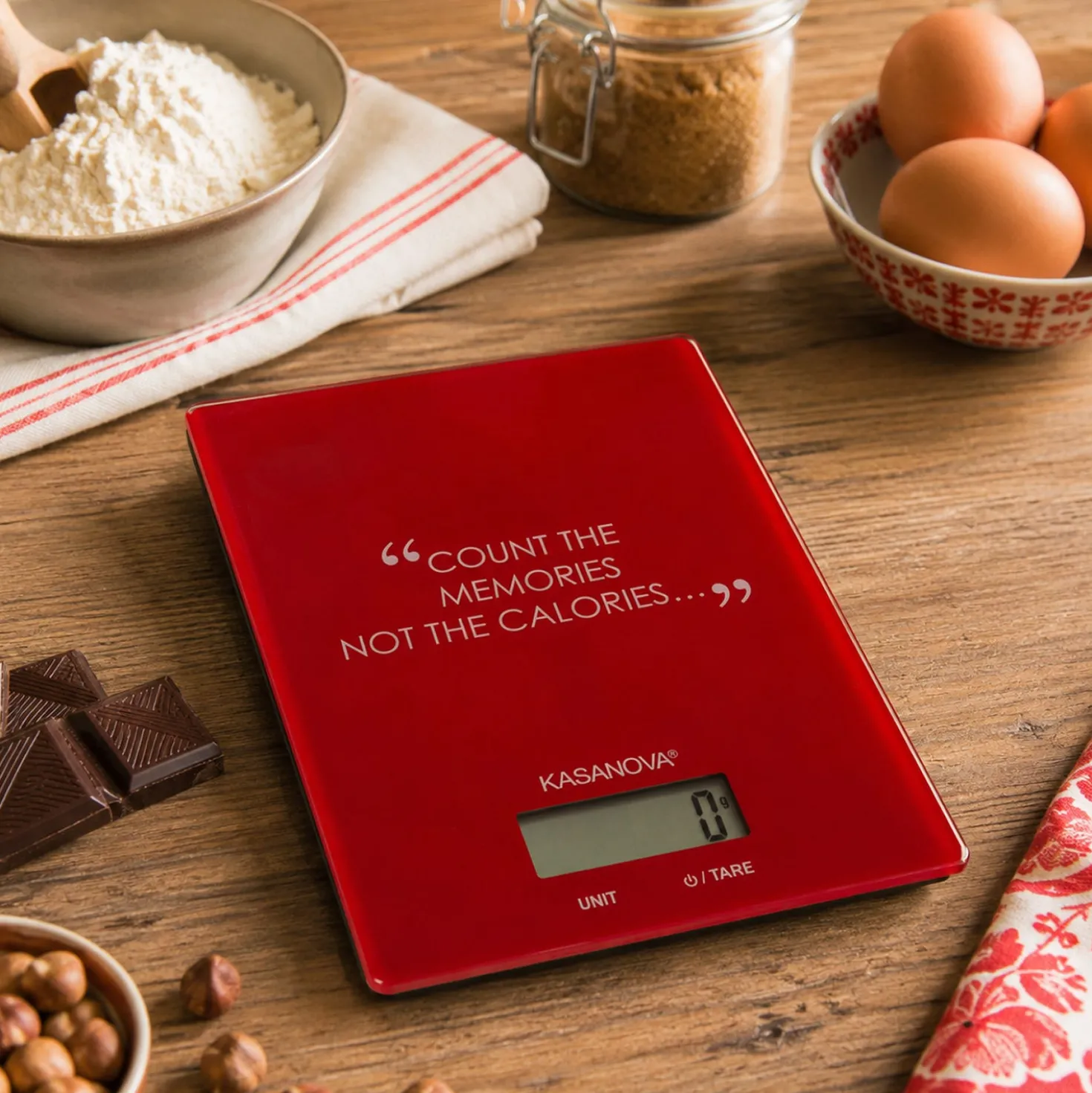 Bilancia da cucina digitale rossa rettangolare con scritta