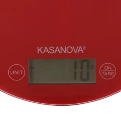 Bilancia da cucina digitale rossa tonda con scritta