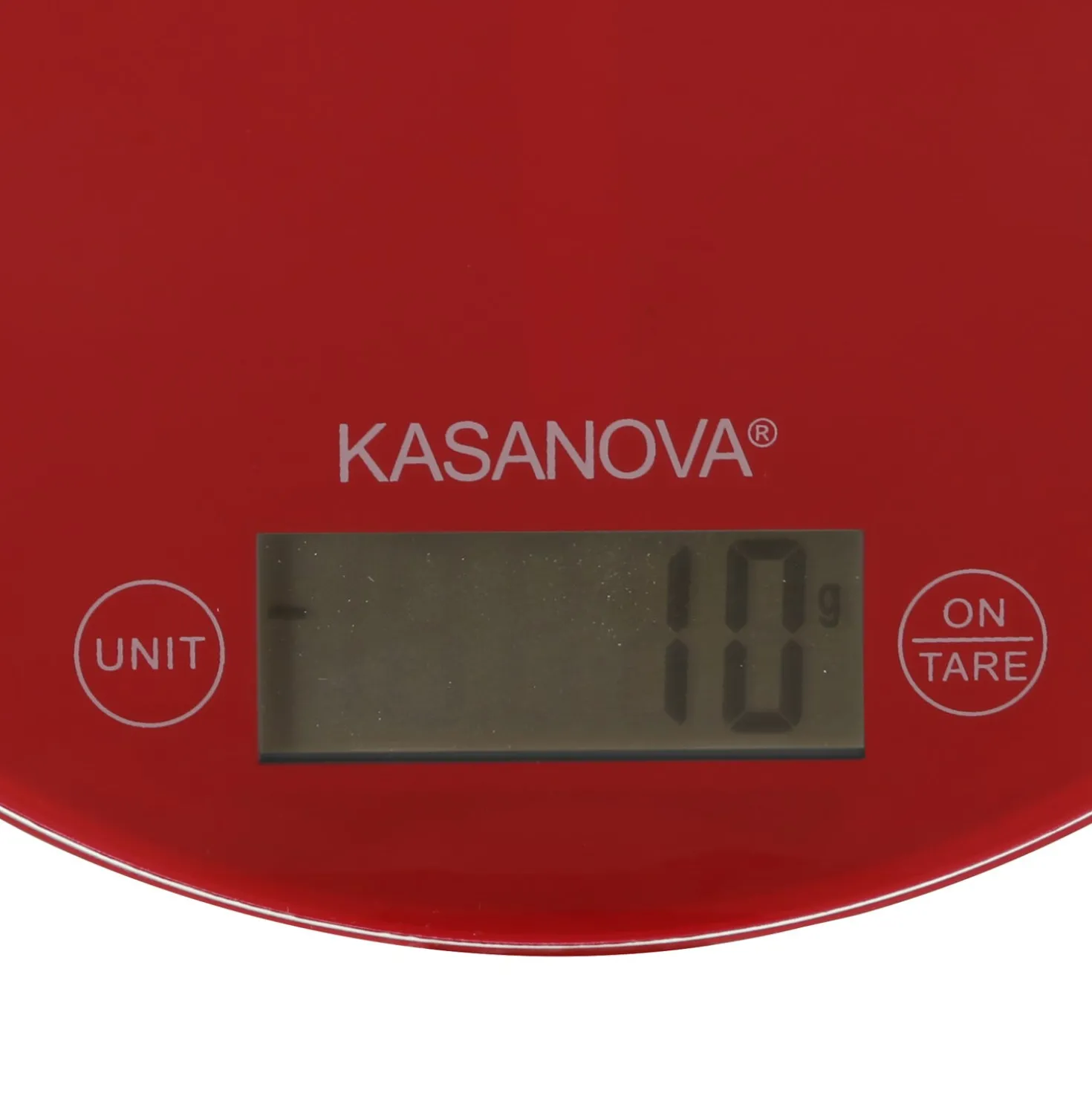 Bilancia da cucina digitale rossa tonda con scritta