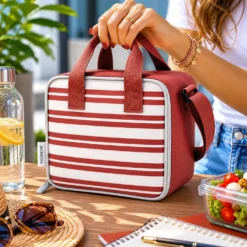 Borsa termica 8 L con tracolla e manici righe bordeaux
