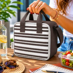 Borsa termica 8 L con tracolla e manici righe marrone