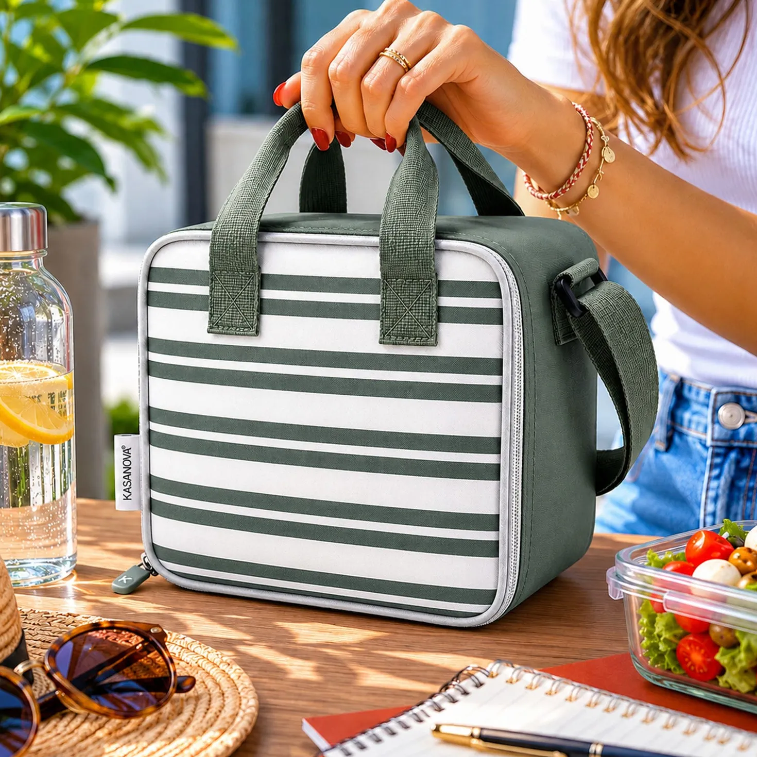 Borsa termica 8 L con tracolla e manici righe verde