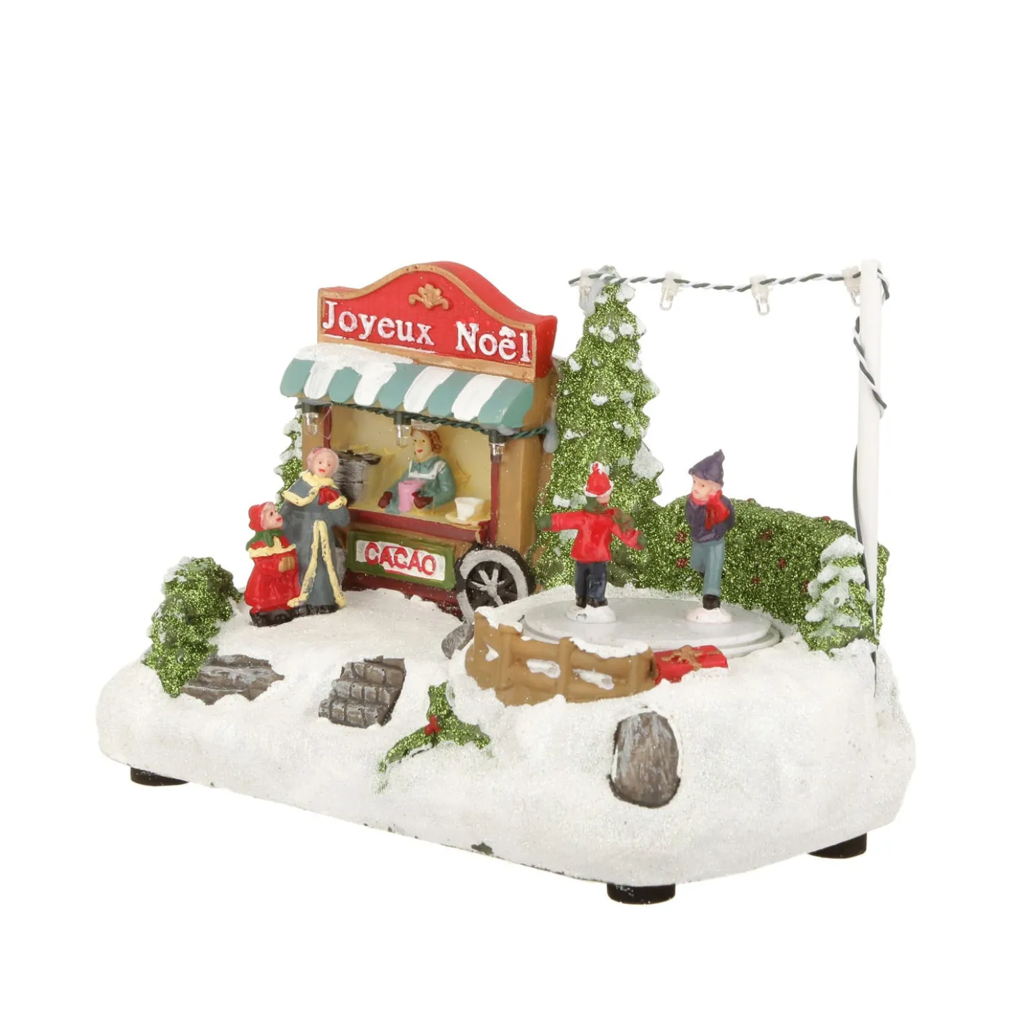 Carretto cioccolata, villaggio di Natale con luci