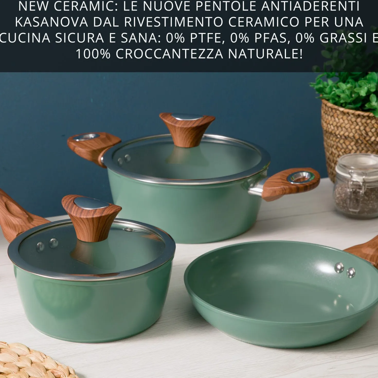 Casseruola un manico 16 cm con coperchio verde New Ceramic