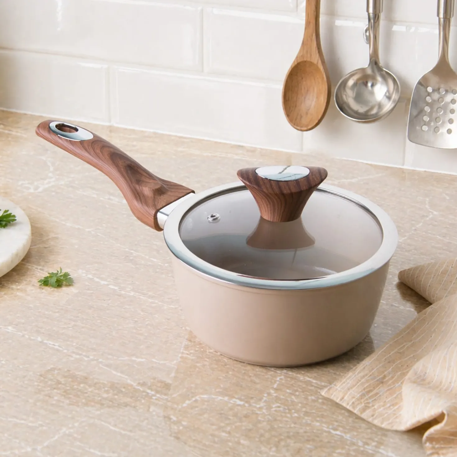 Casseruola un manico 16 cm coperchio taupe New Ceramic