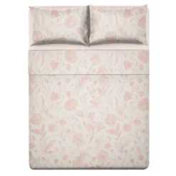 Completo letto matrimoniale in cotone rosa Botanic