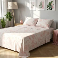 Completo letto matrimoniale in cotone rosa Botanic