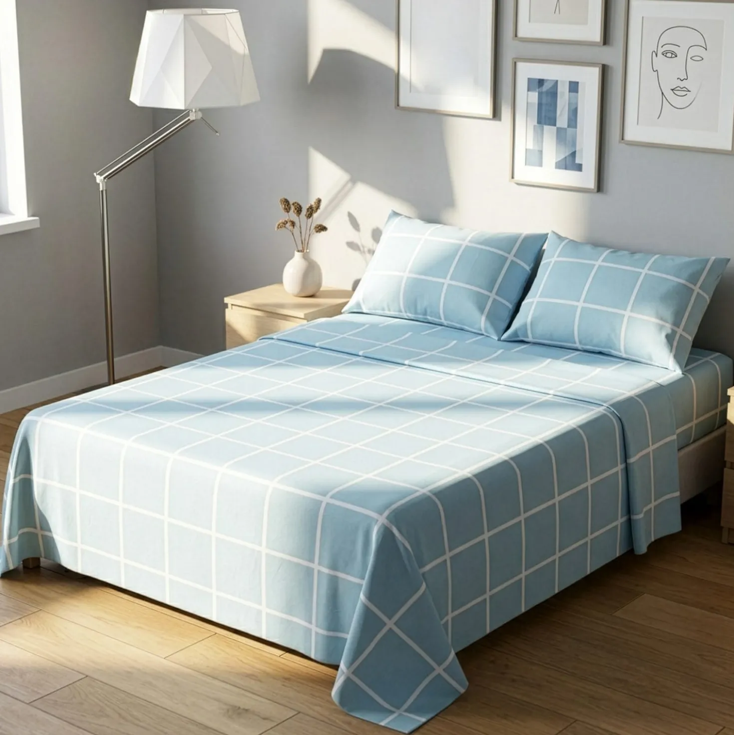 Completo letto matrimoniale policotone quadrotti azzurro