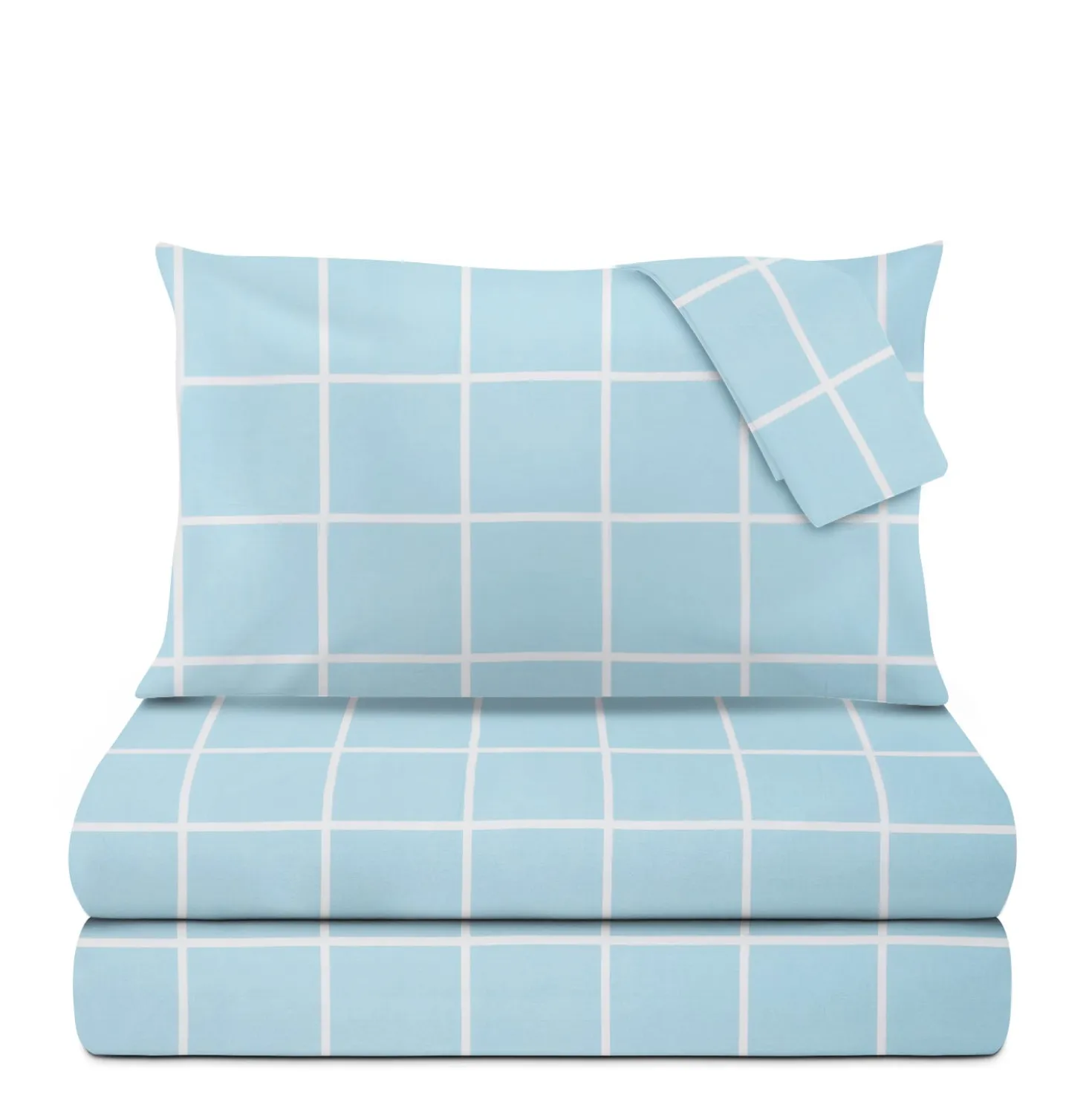 Completo letto matrimoniale policotone quadrotti azzurro