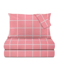 Completo letto matrimoniale policotone quadrotti rosa