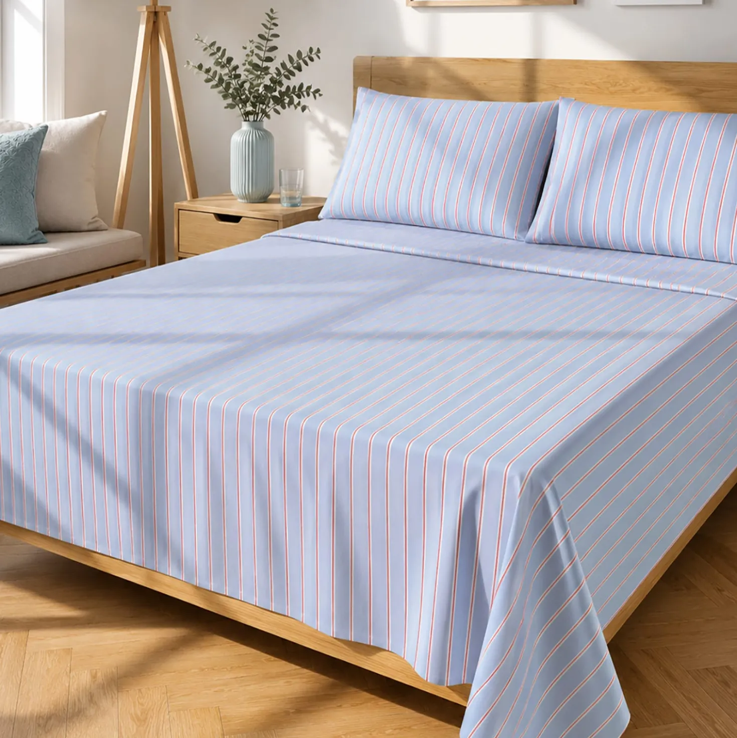 Completo letto matrimoniale righe azzurro