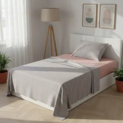 Completo letto 1 piazza e mezza cotone righe rosa