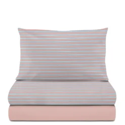 Completo letto 1 piazza e mezza cotone righe rosa