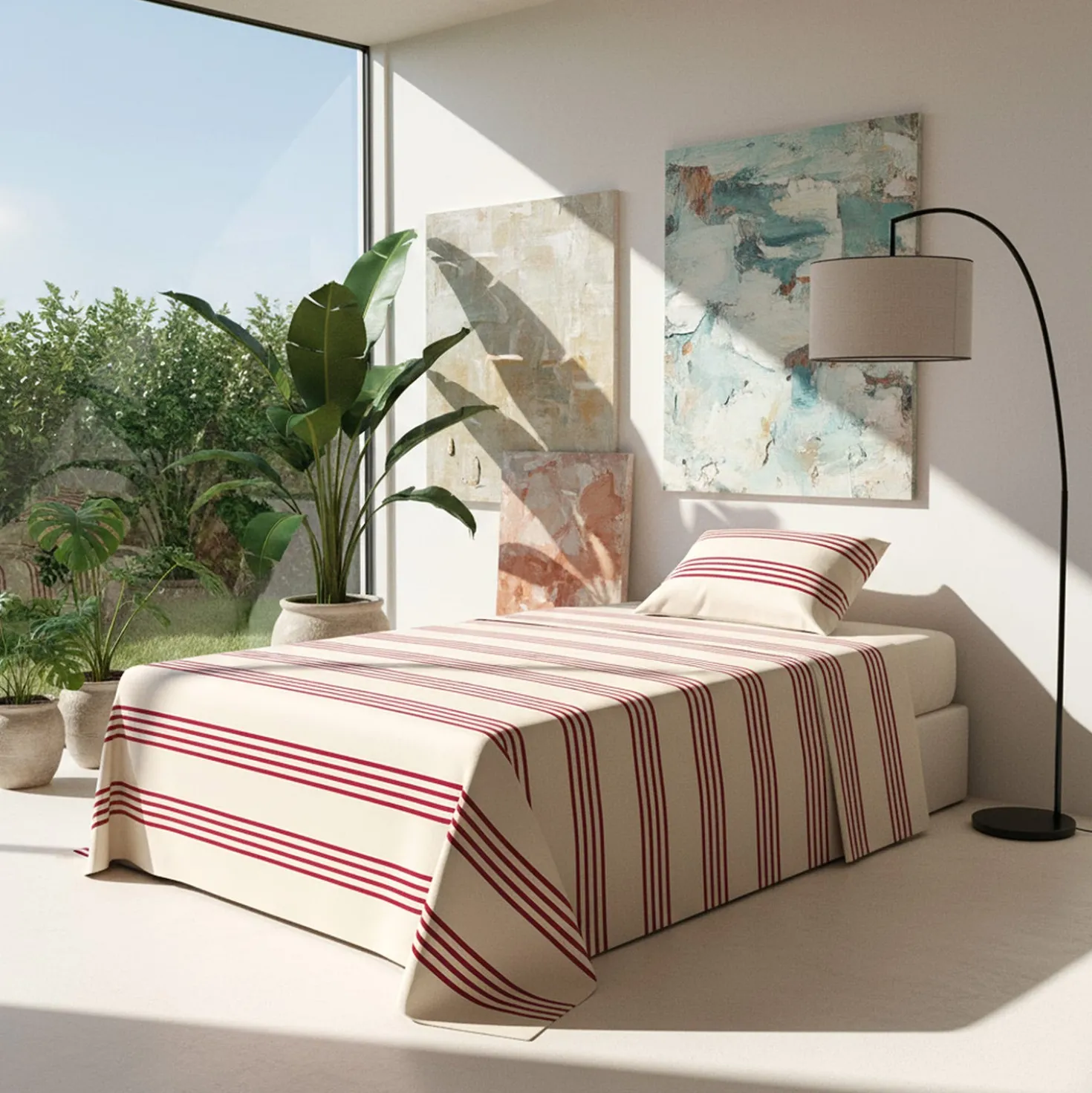 Completo letto 1 piazza e mezza righe bordeaux cotone