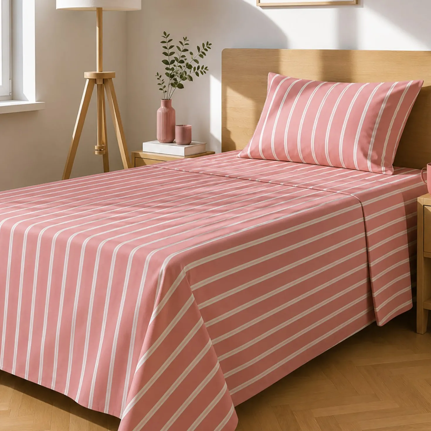 Completo letto 1 piazza e mezza righe corallo