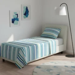 Completo letto 1 piazza poli stampa righe azzurro