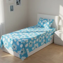 Completo letto singolo azzurro fiori bianchi