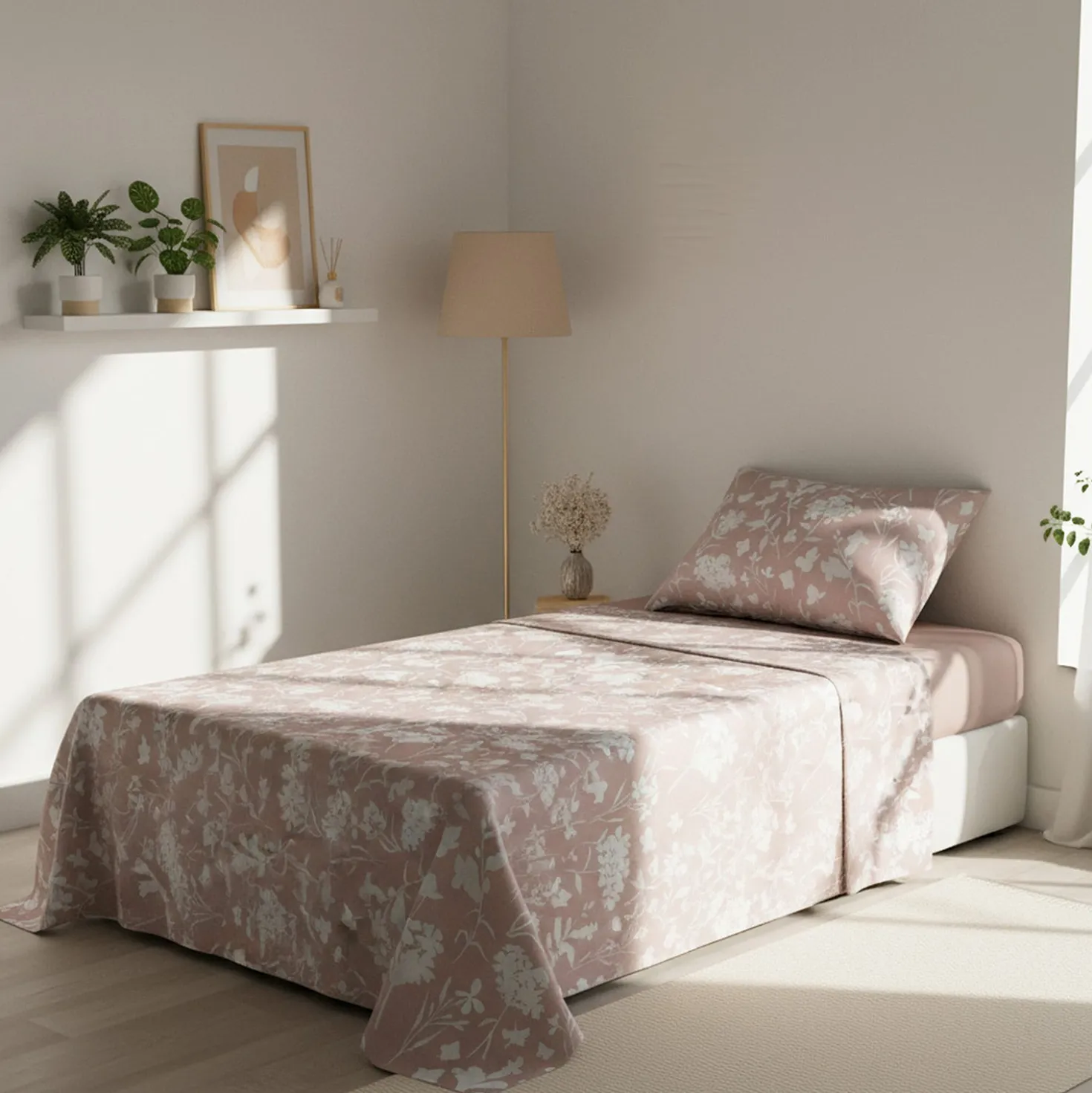 Completo letto singolo cotone fiore tortora
