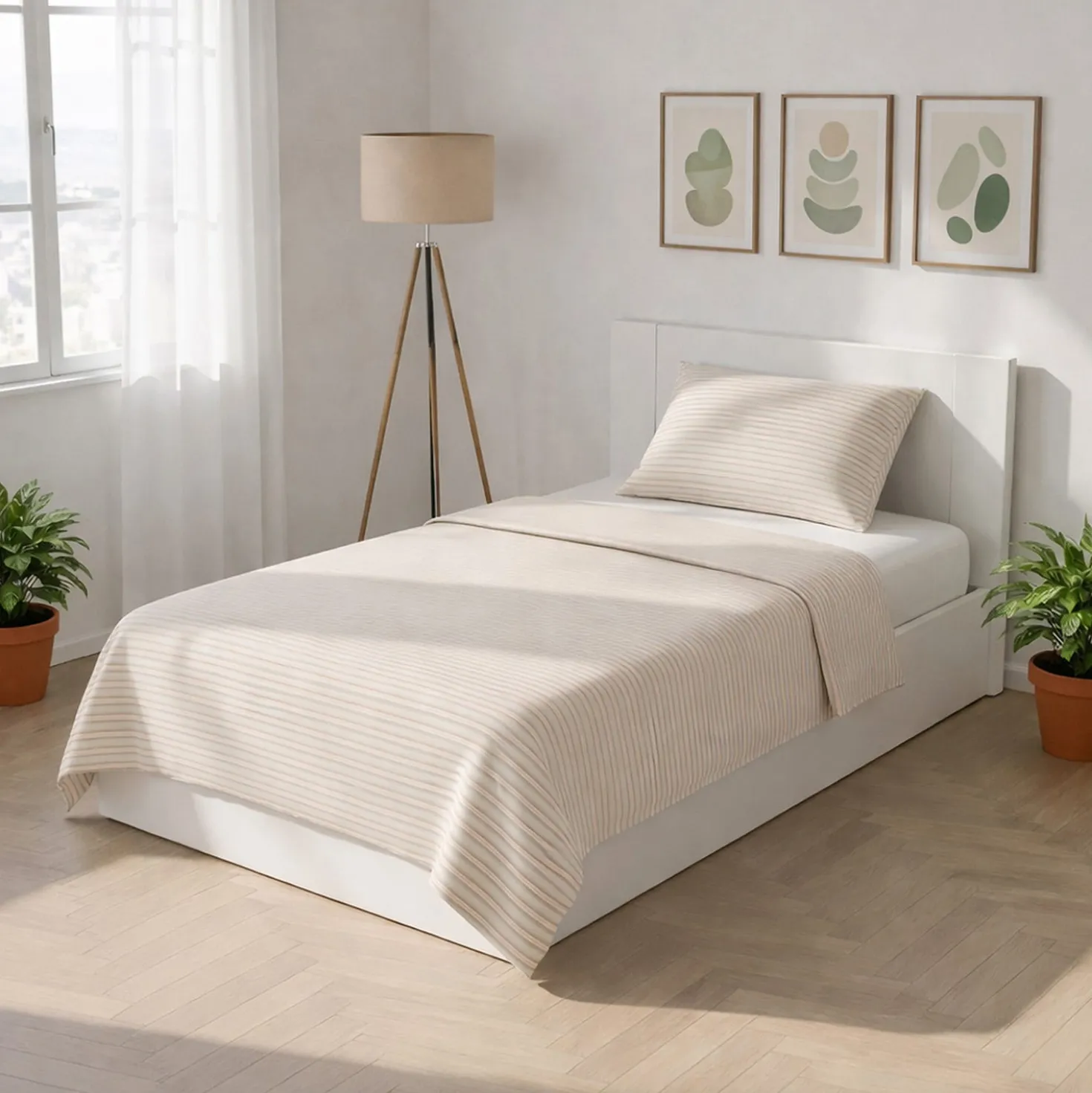 Completo letto singolo cotone righe beige