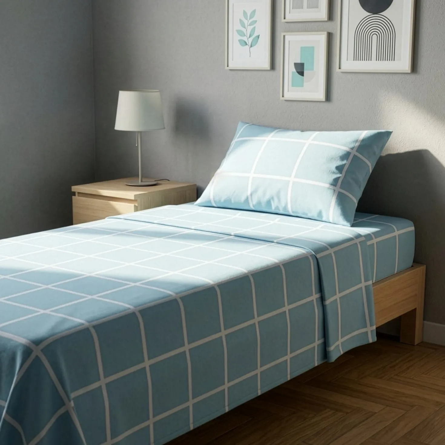 Completo letto singolo policotone quadrotti azzurro
