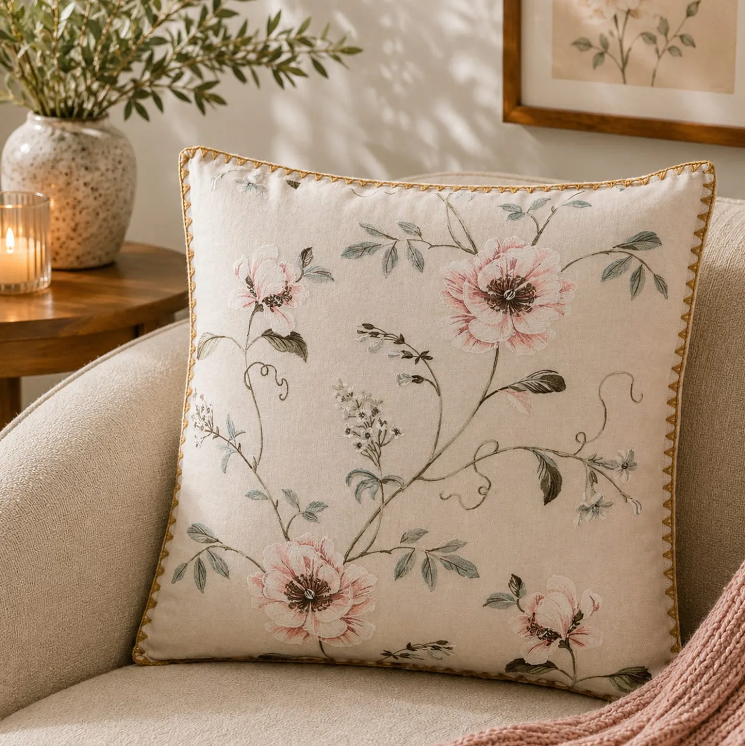 Cuscino divano beige 45x45 cm fiori