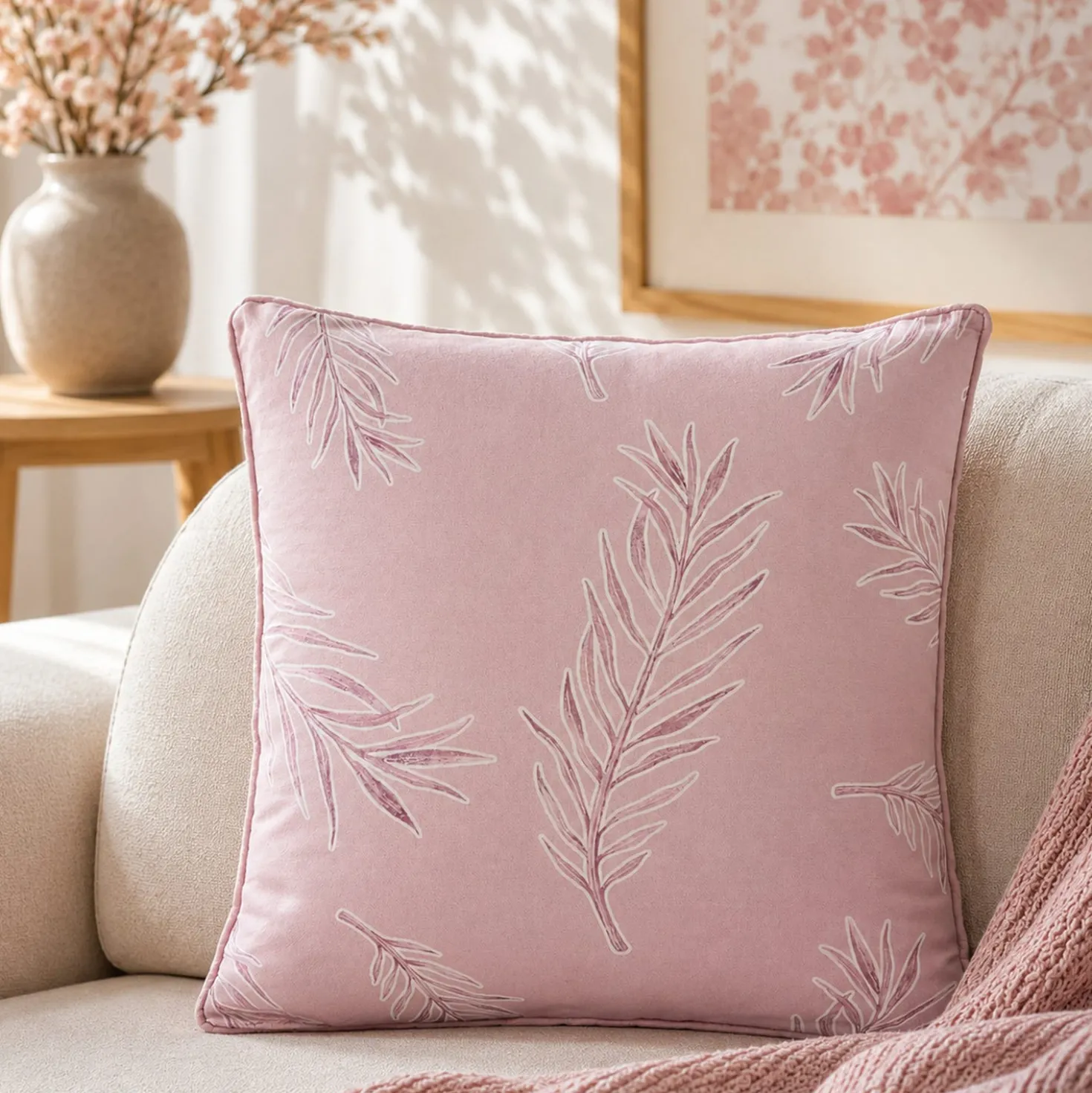 Cuscino divano rosa 45x45 cm foglia