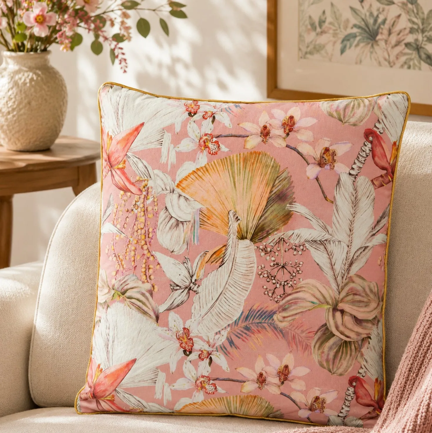Cuscino divano 45x45 cm fiori e piume