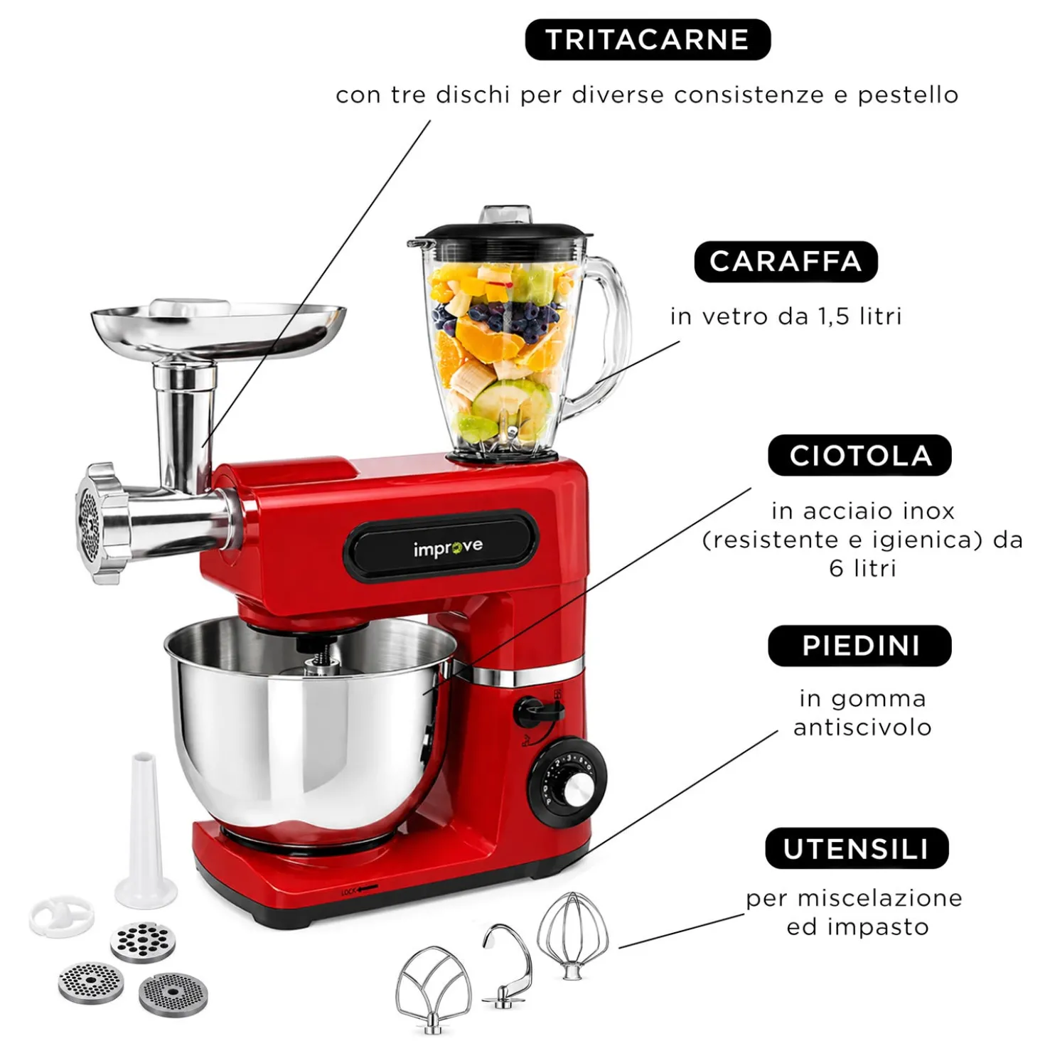 Impastatrice planetaria con tritacarne e frullatore 1500 W