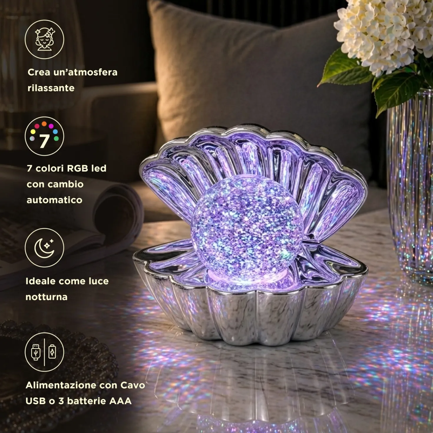 Lampada conchiglia LED con perla e cromoterapia