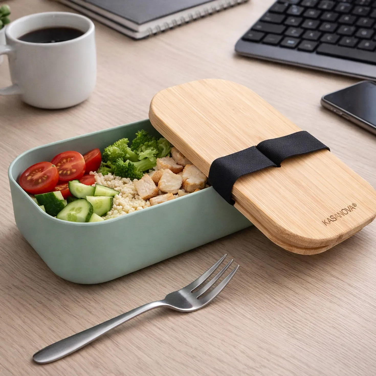 Lunch box ermetico verde in bambù con elastico, 750 ml