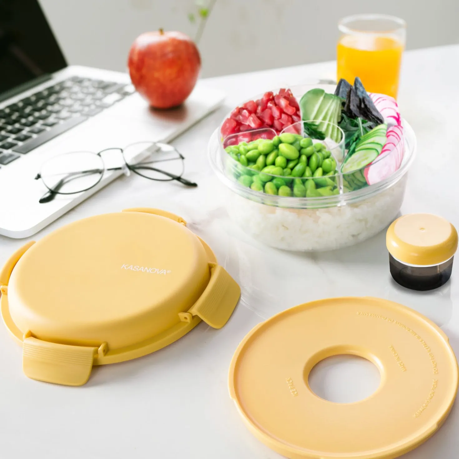 Lunch box per poke tonda a scomparti giallo