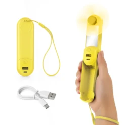 Miniventilatore giallo con specchio, power bank e torcia