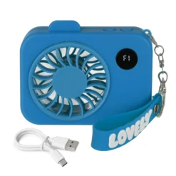 Mini ventilatore portatile azzurro macchina fotografica