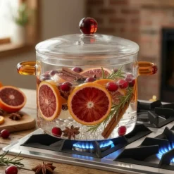 Pentola 2 L vetro borosilicato con coperchio manici ambra
