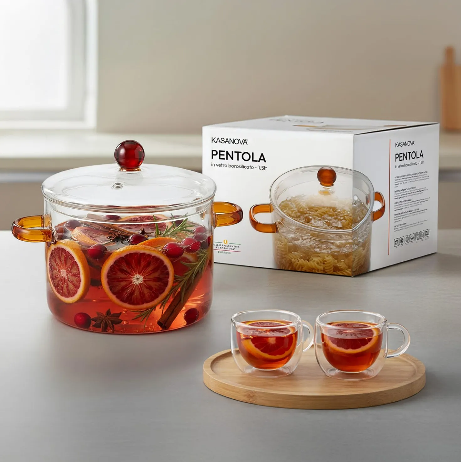 Pentola 1,5 L vetro borosilicato con coperchio manici ambra