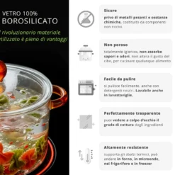 Pentola 1,5 L vetro borosilicato con coperchio manici ambra