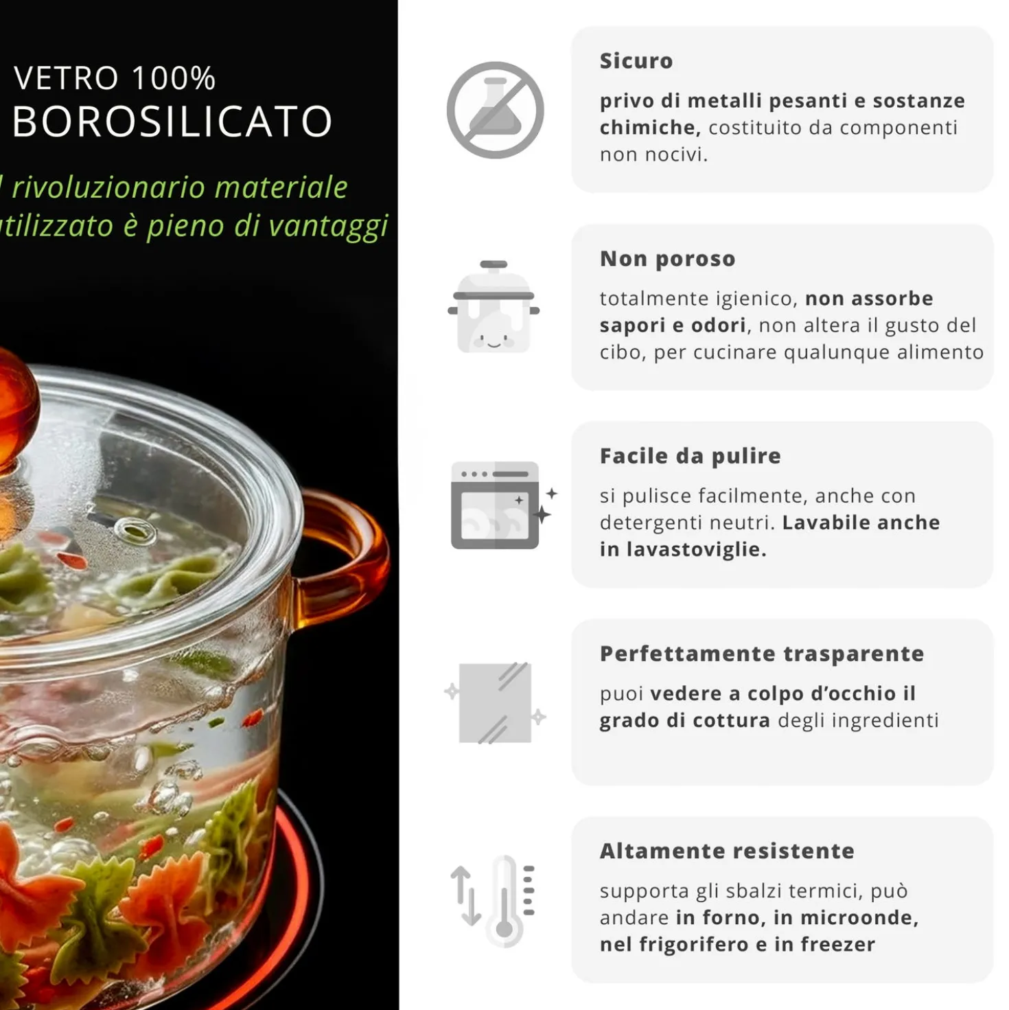 Pentola 1,5 L vetro borosilicato con coperchio manici ambra