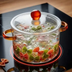 Pentola 1,5 L vetro borosilicato con coperchio manici ambra