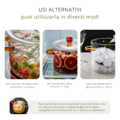 Pentola 1,5 L vetro borosilicato con coperchio manici ambra