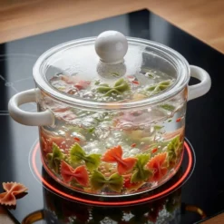 Pentola 2 L vetro borosilicato con coperchio manici bianchi