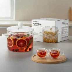 Pentola 2,5 L vetro borosilicato con coperchio manici bianchi