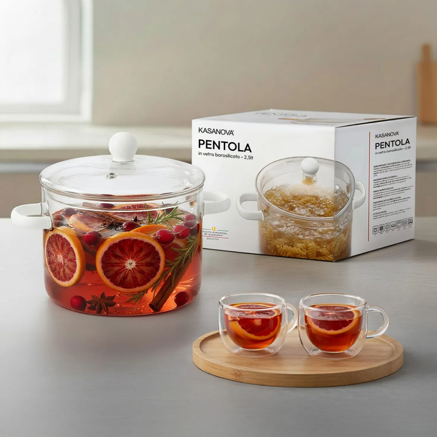 Pentola 2,5 L vetro borosilicato con coperchio manici bianchi